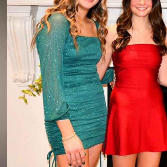 Dresses & Skirts - Teal Glitter long Sleeve Ruched Mini Dress medium